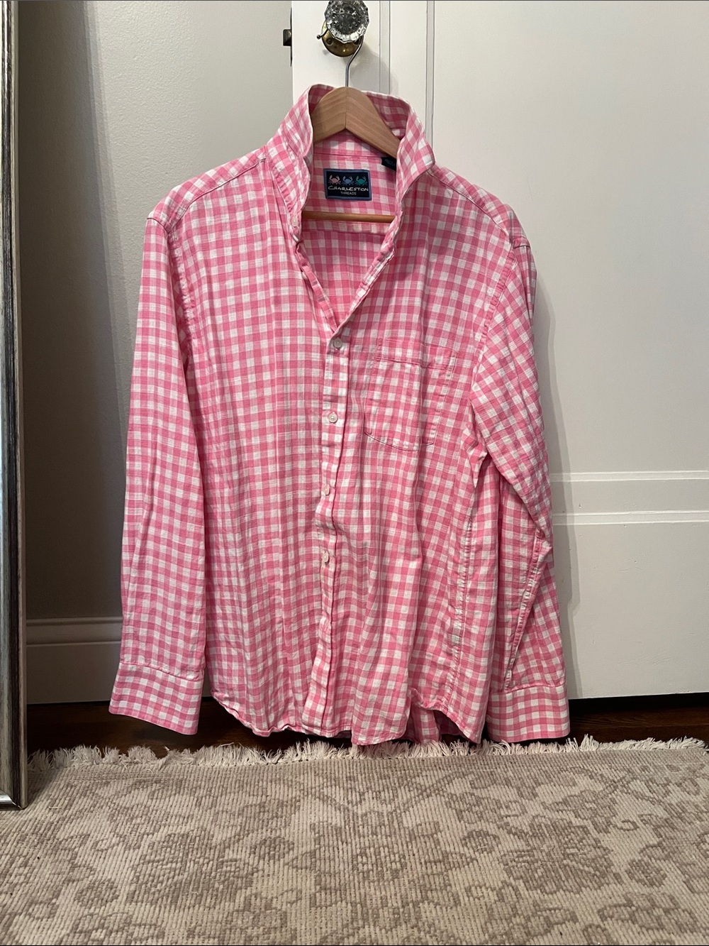 Charleston Threads Pink and White Gingham Button-Down Shirt 100% Cotton